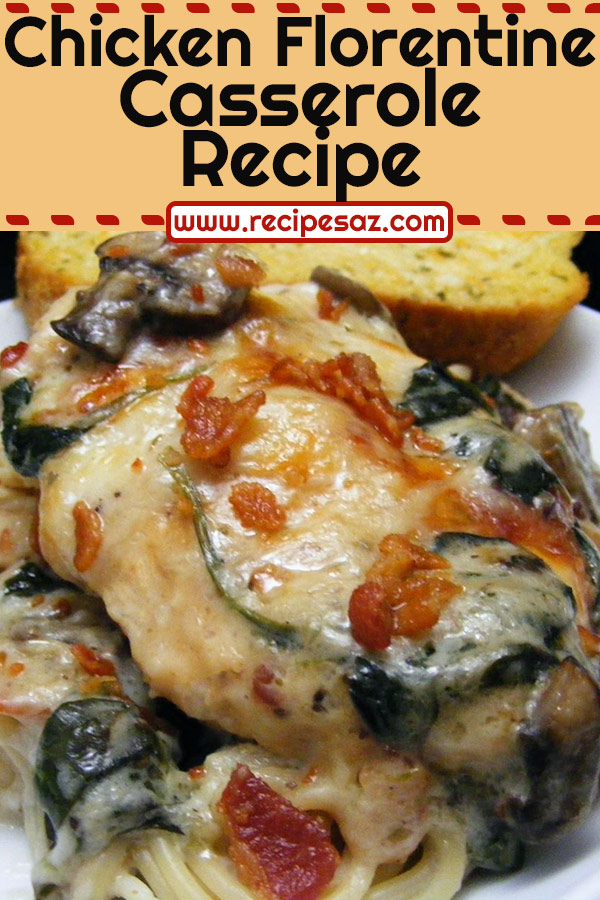 Chicken Florentine Casserole Recipe - which can also be adapted with either fish or shrimp, lies on a bed of spinach leaves and mushrooms #chicken #chickenrecipe #chickenrecipes #chickenflorentine #chickenflorentinecasserole #chickencasserole #chickencasserolerecipe #casserole #casserolerecipes