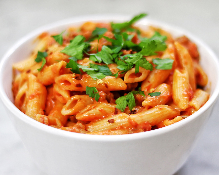 Penne with Spicy Vodka Tomato Cream Sauce Recipe - Recipes A to Z